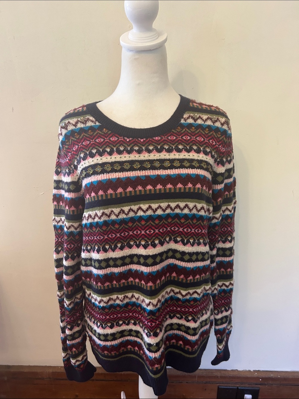 Talbots Multicolor Fair Isle Knit Beaded Sweater Size L EUC